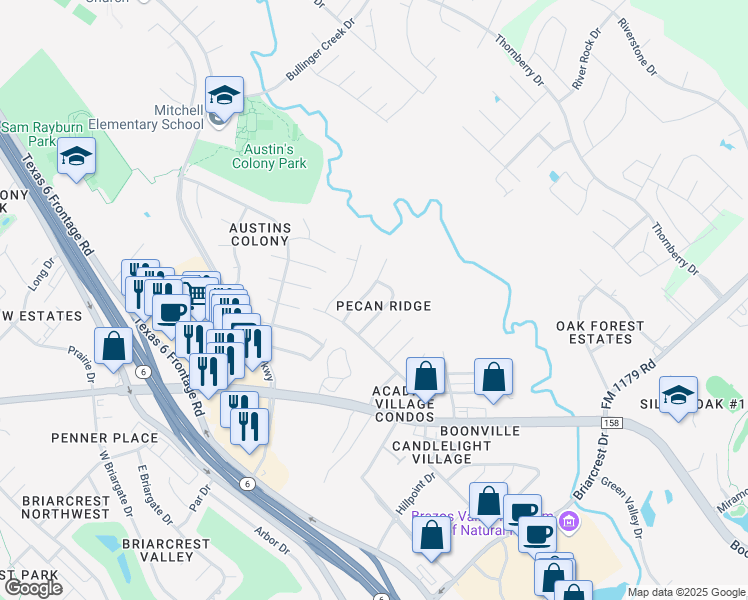 map of restaurants, bars, coffee shops, grocery stores, and more near 3612 Mahan Street in Bryan