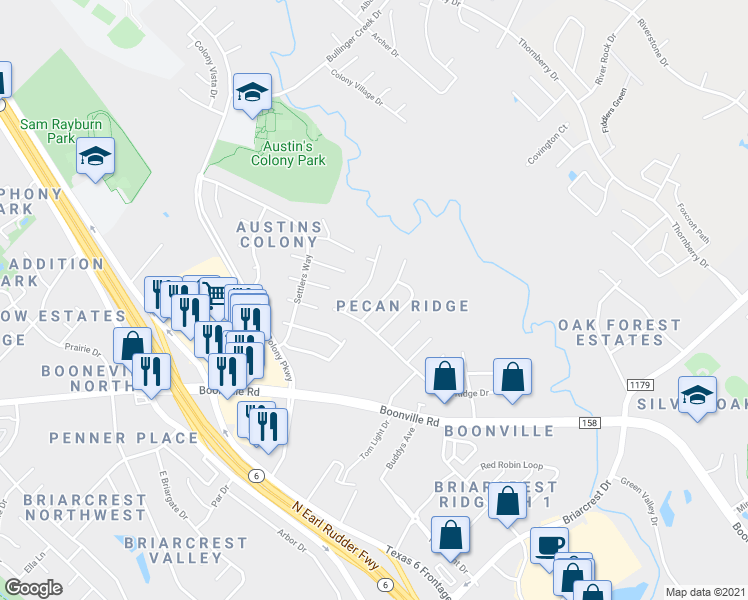 map of restaurants, bars, coffee shops, grocery stores, and more near 3602 Elliott Street in Bryan