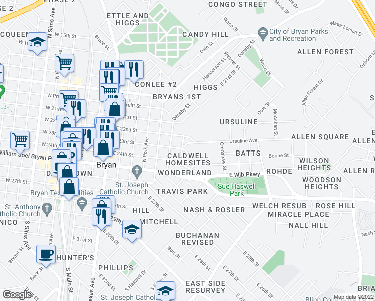 map of restaurants, bars, coffee shops, grocery stores, and more near 1007 East 23rd Street in Bryan