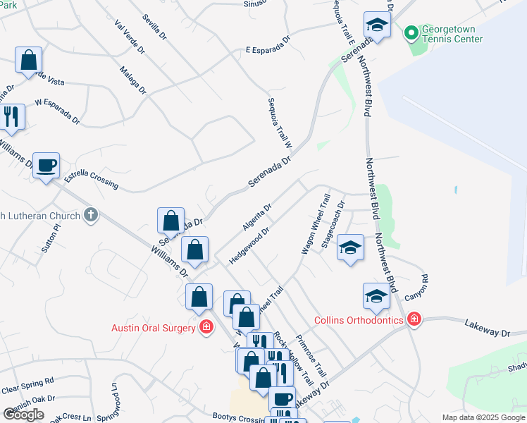 map of restaurants, bars, coffee shops, grocery stores, and more near Foust Trail in Georgetown