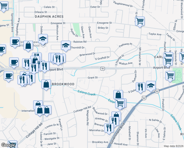 map of restaurants, bars, coffee shops, grocery stores, and more near 2828 Grant Street in Mobile