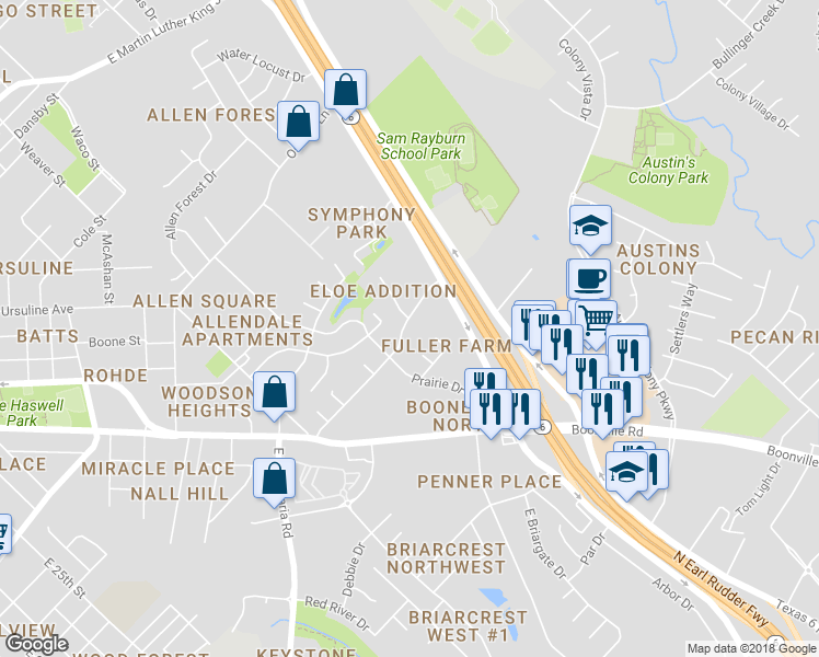 map of restaurants, bars, coffee shops, grocery stores, and more near 2412 Long Drive in Bryan