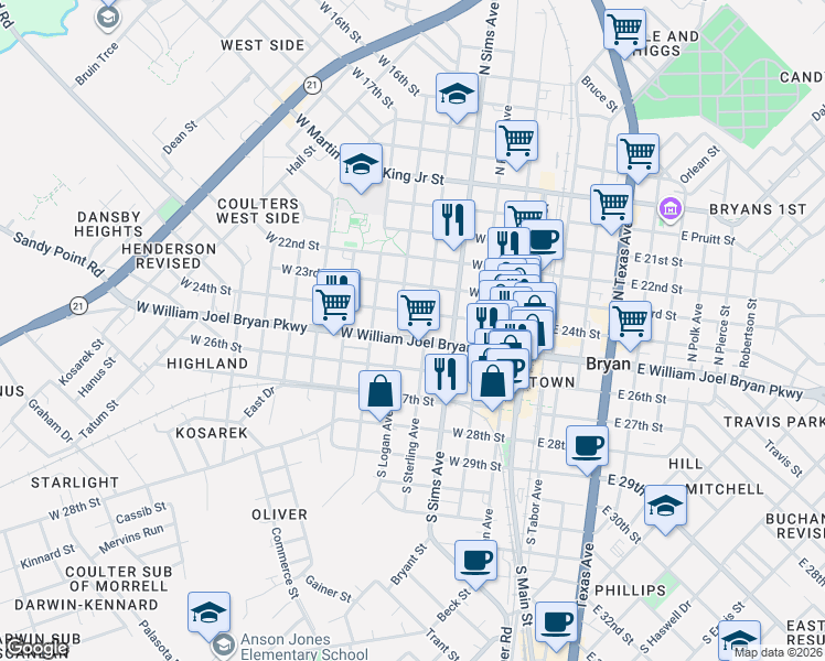 map of restaurants, bars, coffee shops, grocery stores, and more near 502 West William Joel Bryan Parkway in Bryan
