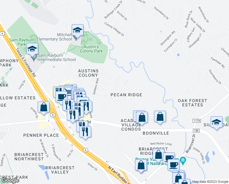 map of restaurants, bars, coffee shops, grocery stores, and more near 3606 Choctaw Street in Bryan