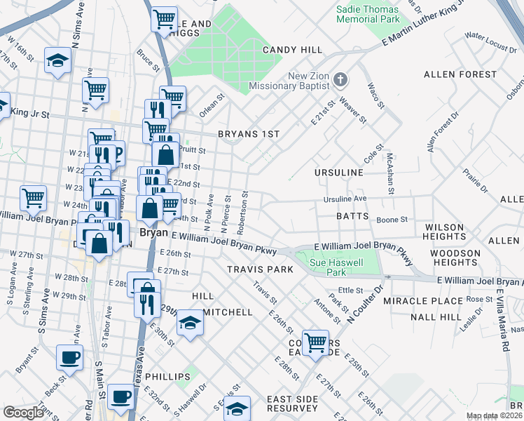 map of restaurants, bars, coffee shops, grocery stores, and more near 1007 East 23rd Street in Bryan