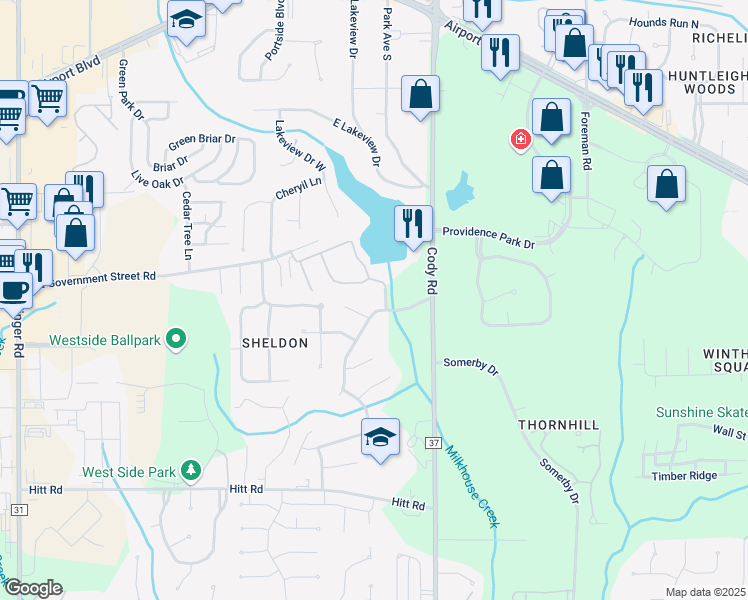 map of restaurants, bars, coffee shops, grocery stores, and more near 7200-7254 Singing River Court in Mobile