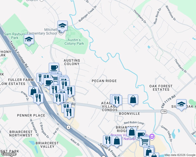 map of restaurants, bars, coffee shops, grocery stores, and more near 3602 Elliott Street in Bryan