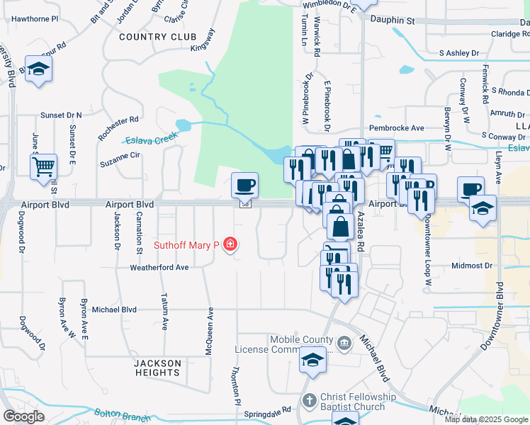 map of restaurants, bars, coffee shops, grocery stores, and more near 4097 Airport Boulevard in Mobile