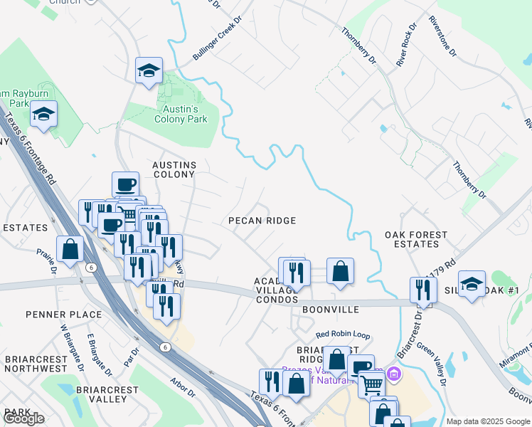 map of restaurants, bars, coffee shops, grocery stores, and more near 3617 Mahan Street in Bryan