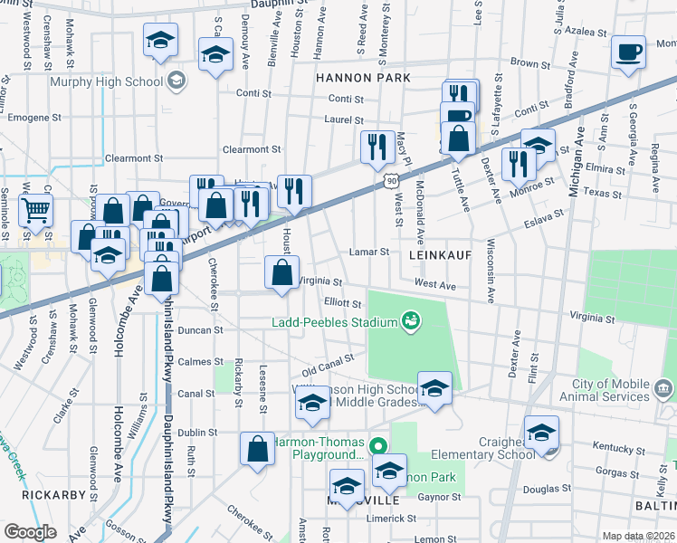 map of restaurants, bars, coffee shops, grocery stores, and more near 1659 Virginia Street in Mobile