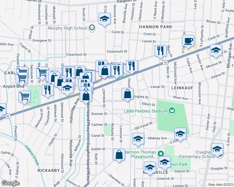 map of restaurants, bars, coffee shops, grocery stores, and more near 261 Rickarby Street in Mobile