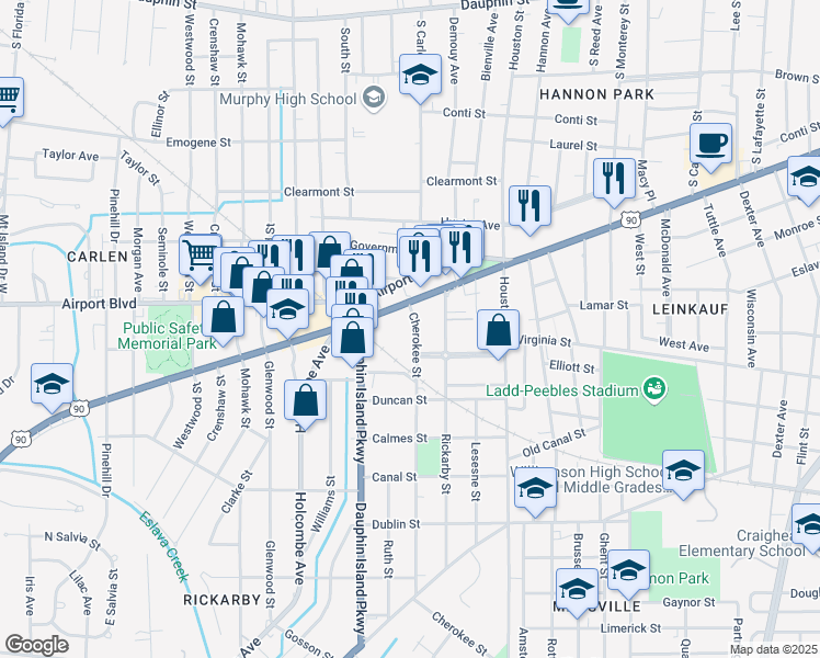 map of restaurants, bars, coffee shops, grocery stores, and more near 254 Cherokee Street in Mobile