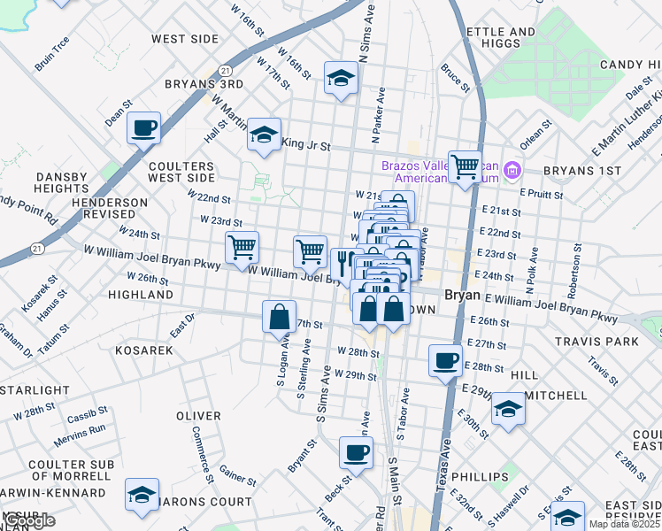 map of restaurants, bars, coffee shops, grocery stores, and more near 402 West William Joel Bryan Parkway in Bryan