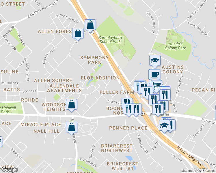 map of restaurants, bars, coffee shops, grocery stores, and more near 2414 Long Drive in Bryan