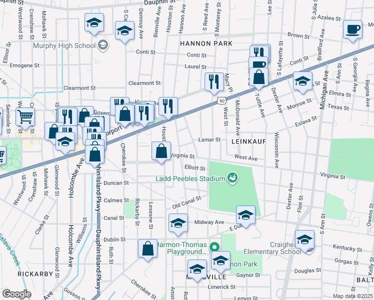 map of restaurants, bars, coffee shops, grocery stores, and more near 402 Weinacker Avenue in Mobile