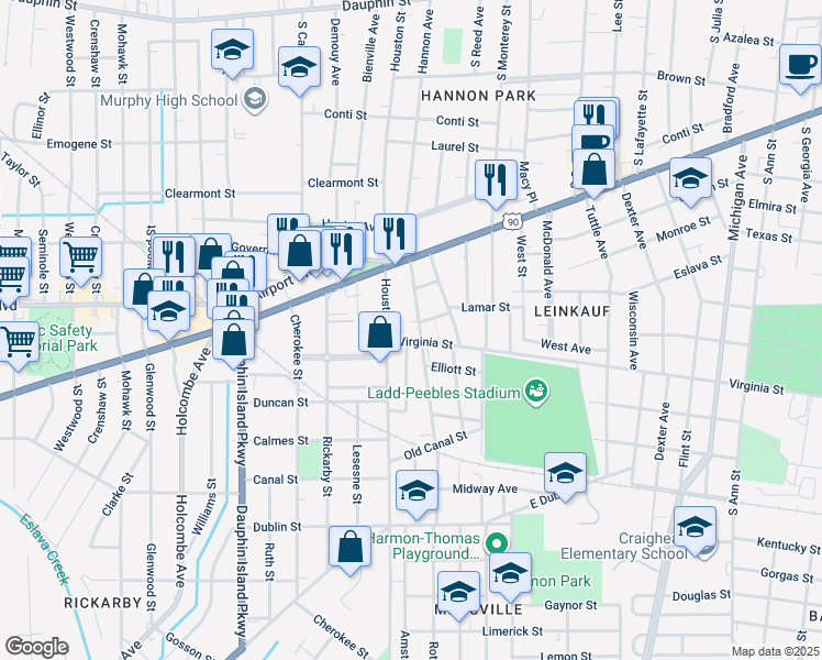 map of restaurants, bars, coffee shops, grocery stores, and more near 402 Weinacker Avenue in Mobile