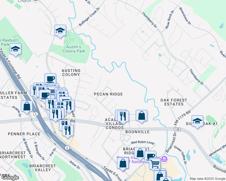 map of restaurants, bars, coffee shops, grocery stores, and more near 3612 Mahan Street in Bryan