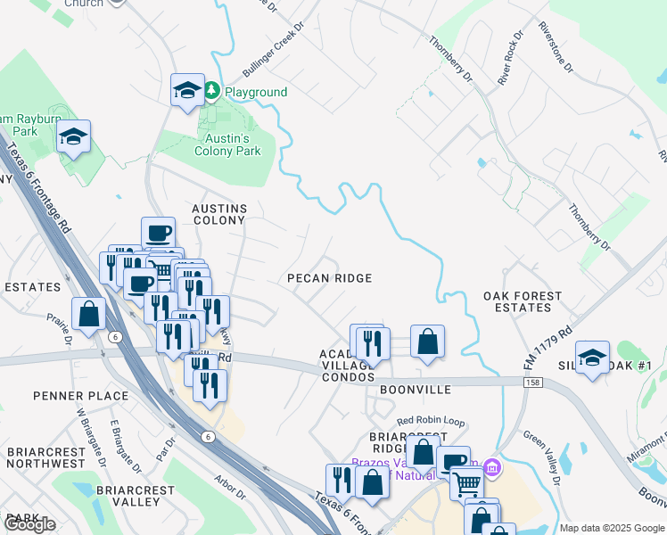 map of restaurants, bars, coffee shops, grocery stores, and more near 3612 Mahan Street in Bryan