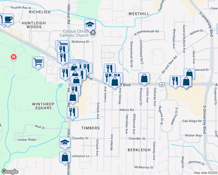 map of restaurants, bars, coffee shops, grocery stores, and more near 849 Louise Avenue in Mobile