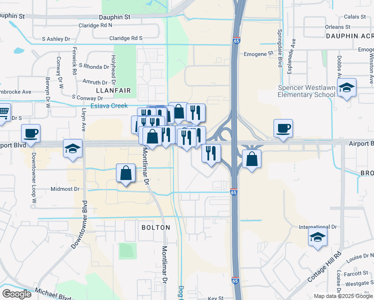 map of restaurants, bars, coffee shops, grocery stores, and more near 3651 Airport Boulevard in Mobile
