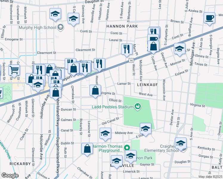 map of restaurants, bars, coffee shops, grocery stores, and more near 402 Weinacker Avenue in Mobile