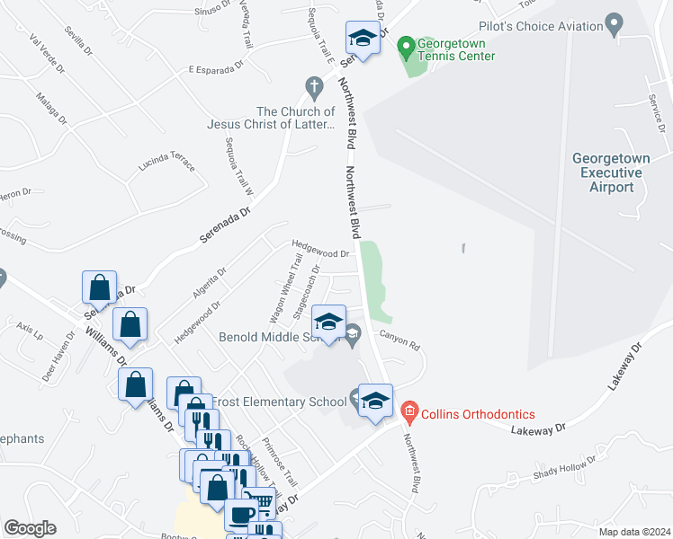 map of restaurants, bars, coffee shops, grocery stores, and more near 106 Creek Drive in Georgetown