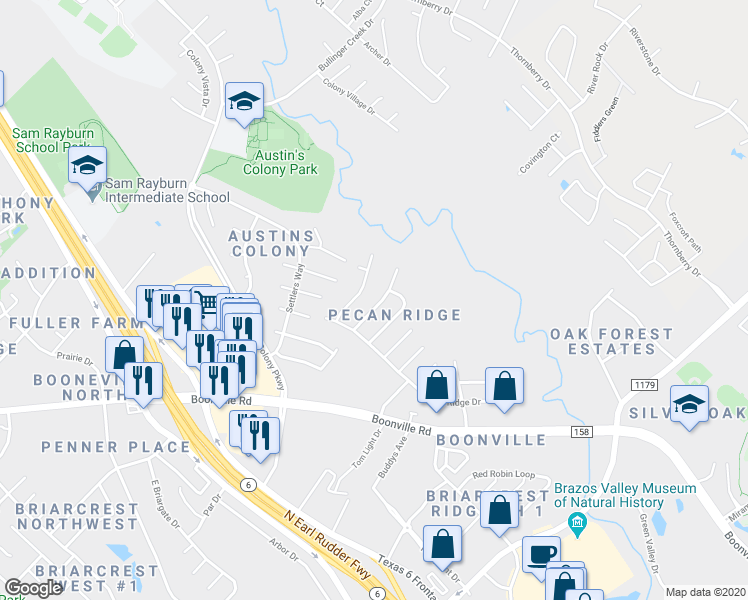 map of restaurants, bars, coffee shops, grocery stores, and more near 3613 Elliott Street in Bryan
