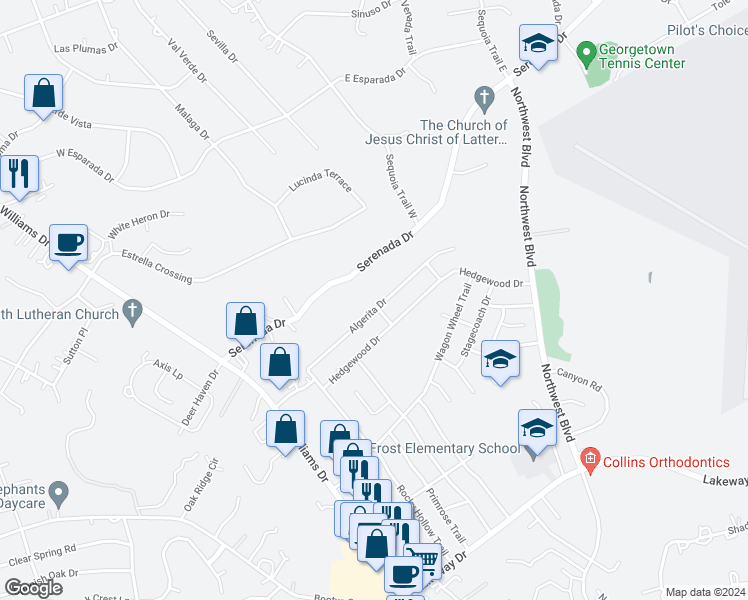 map of restaurants, bars, coffee shops, grocery stores, and more near 601 Algerita Drive in Georgetown