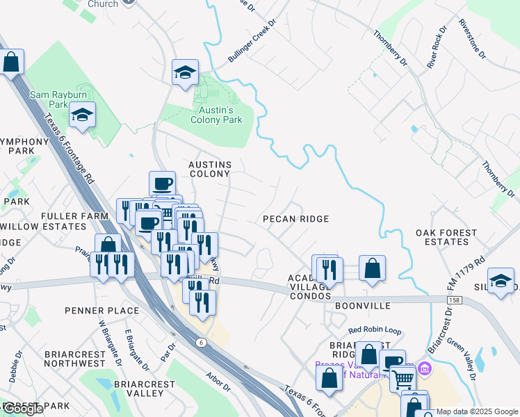 map of restaurants, bars, coffee shops, grocery stores, and more near 2310 Pecan Ridge Drive in Bryan