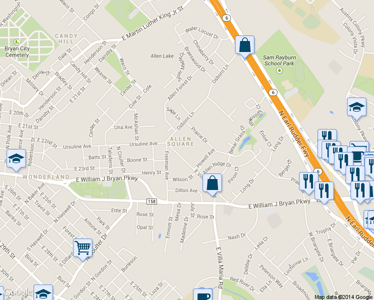 map of restaurants, bars, coffee shops, grocery stores, and more near 3134 East Villa Maria Road in Bryan