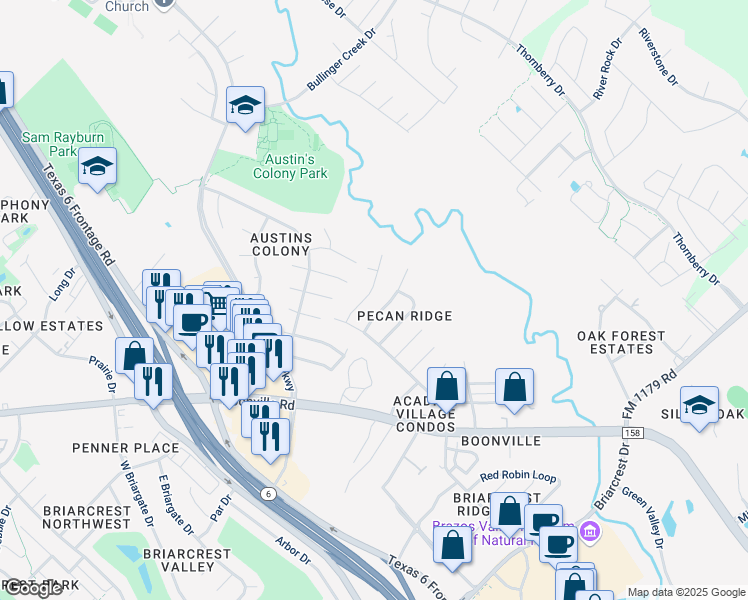 map of restaurants, bars, coffee shops, grocery stores, and more near 3610 Choctaw Street in Bryan
