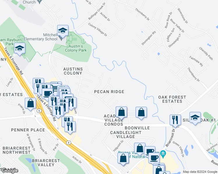 map of restaurants, bars, coffee shops, grocery stores, and more near 3616 Elliott Street in Bryan