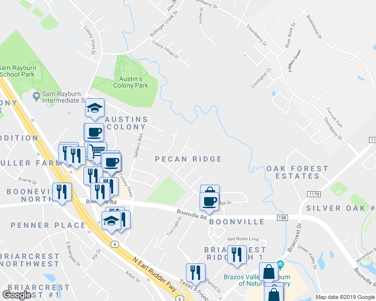 map of restaurants, bars, coffee shops, grocery stores, and more near 3704 Elliott Street in Bryan