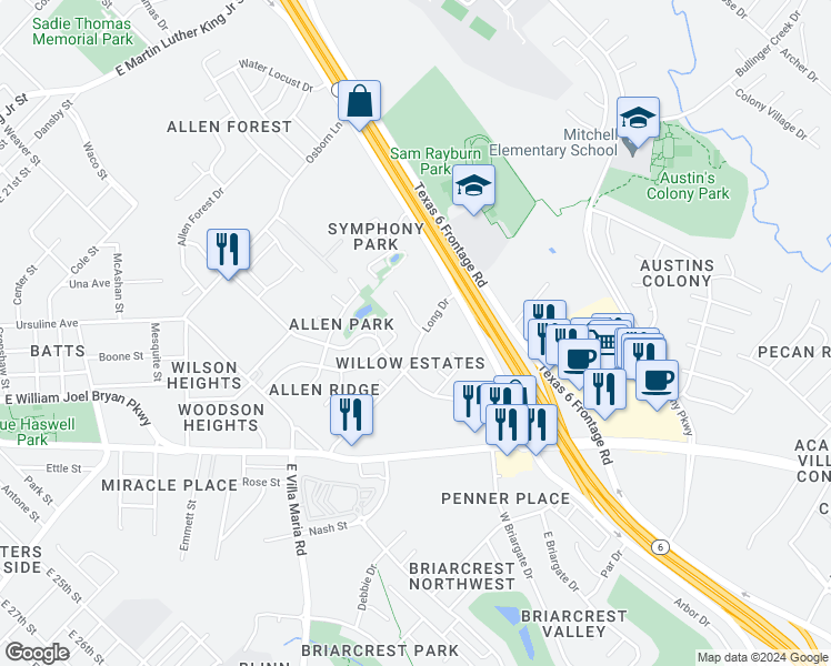 map of restaurants, bars, coffee shops, grocery stores, and more near 2507 Long Drive in Bryan