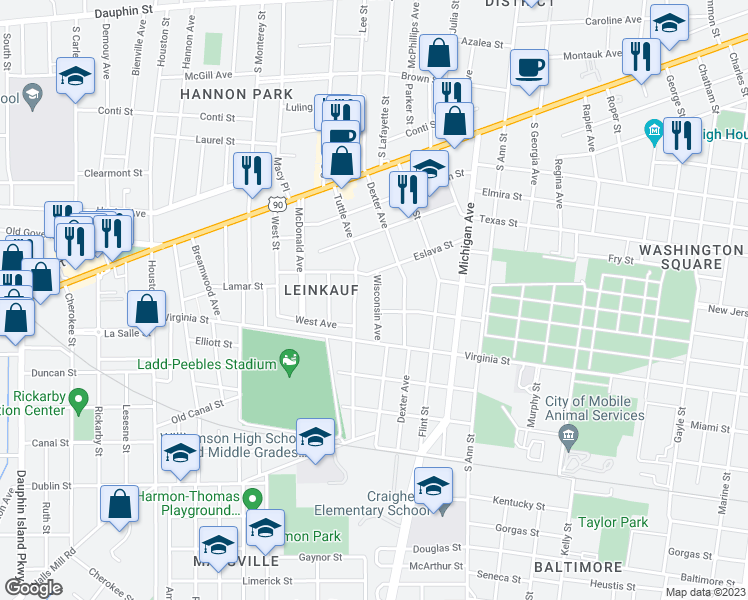 map of restaurants, bars, coffee shops, grocery stores, and more near 412 Wisconsin Avenue in Mobile