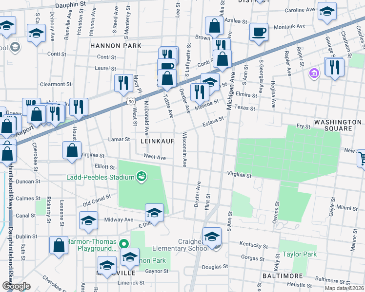 map of restaurants, bars, coffee shops, grocery stores, and more near 412 Wisconsin Avenue in Mobile