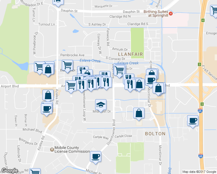 map of restaurants, bars, coffee shops, grocery stores, and more near Airport Blvd Srvc Road in Mobile