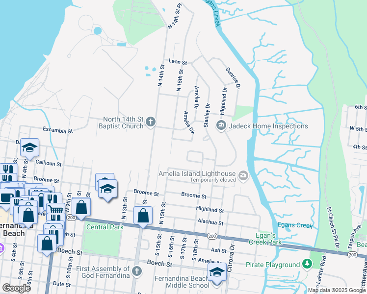 map of restaurants, bars, coffee shops, grocery stores, and more near 1605 Highland Dunes Way in Fernandina Beach