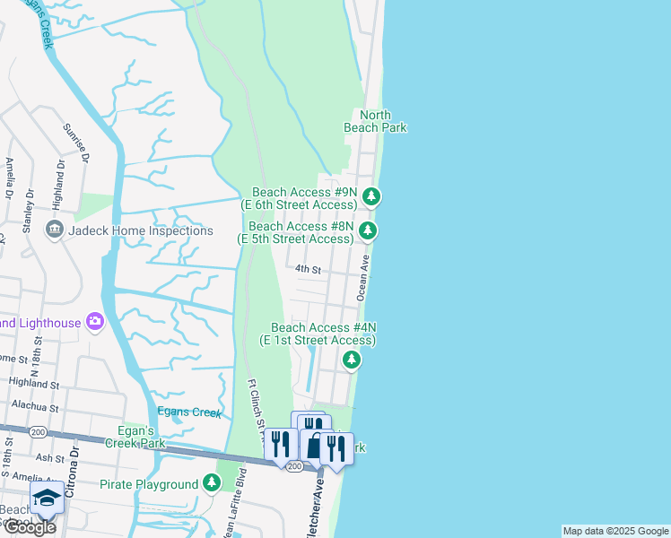 map of restaurants, bars, coffee shops, grocery stores, and more near 731 North Fletcher Avenue in Fernandina Beach