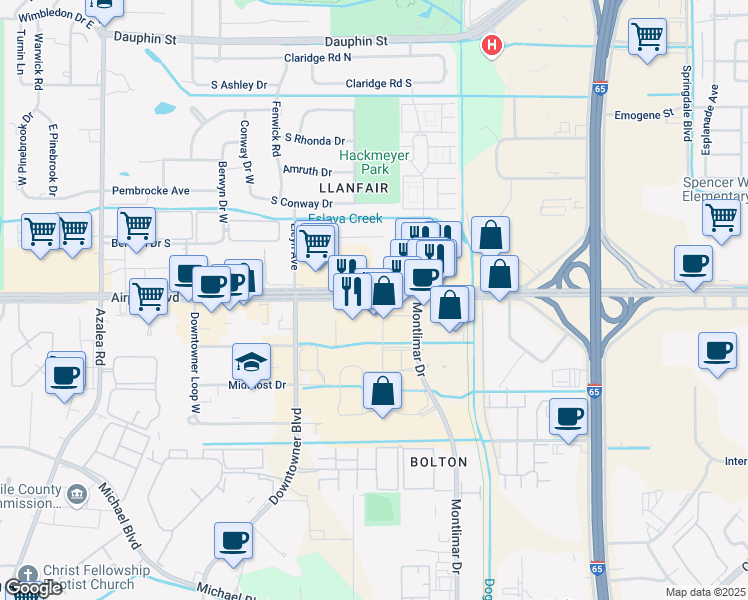 map of restaurants, bars, coffee shops, grocery stores, and more near Airport Blvd Srvc Rd in Mobile