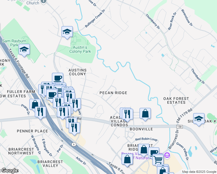 map of restaurants, bars, coffee shops, grocery stores, and more near 3617 Choctaw Street in Bryan