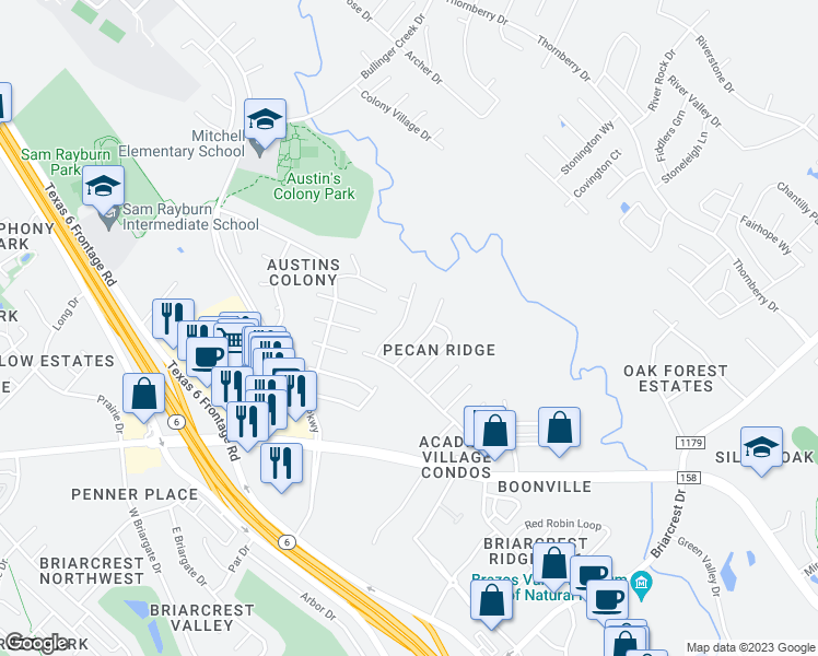 map of restaurants, bars, coffee shops, grocery stores, and more near 3612 Choctaw Street in Bryan