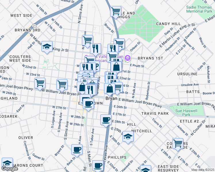 map of restaurants, bars, coffee shops, grocery stores, and more near in Bryan