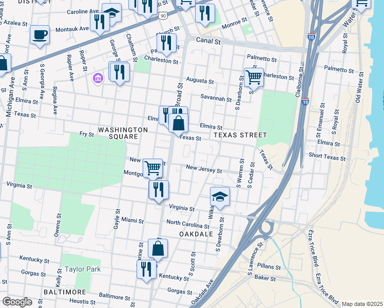 map of restaurants, bars, coffee shops, grocery stores, and more near 600s South Bayou Street in Mobile