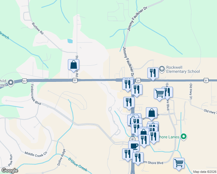 map of restaurants, bars, coffee shops, grocery stores, and more near 30922 Pine Court in Spanish Fort