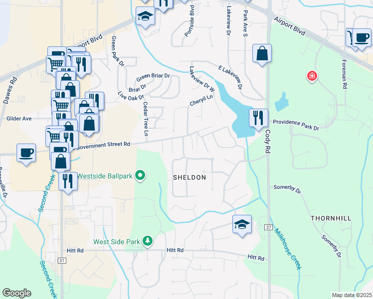map of restaurants, bars, coffee shops, grocery stores, and more near 689 Willow Pointe Drive in Mobile