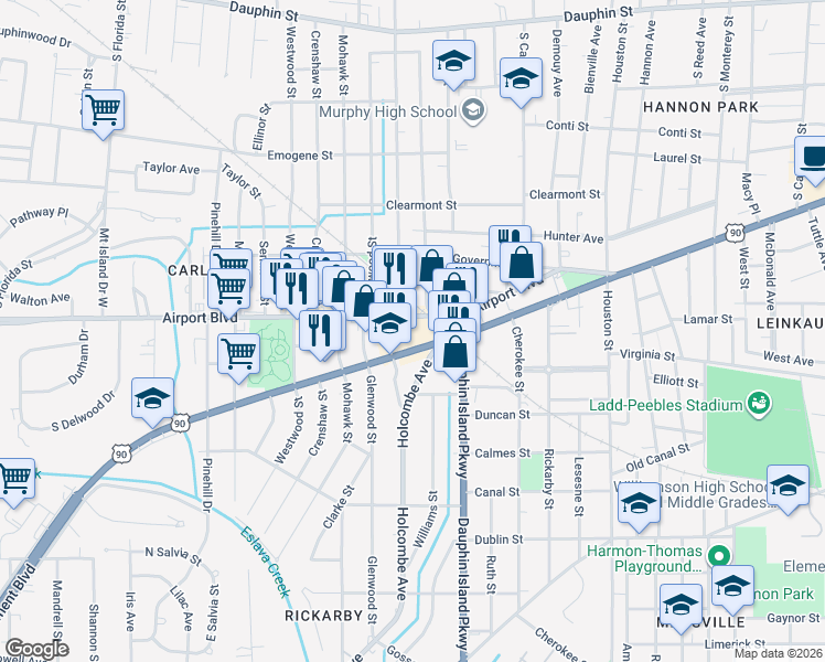 map of restaurants, bars, coffee shops, grocery stores, and more near 2032 Airport Blvd in Mobile