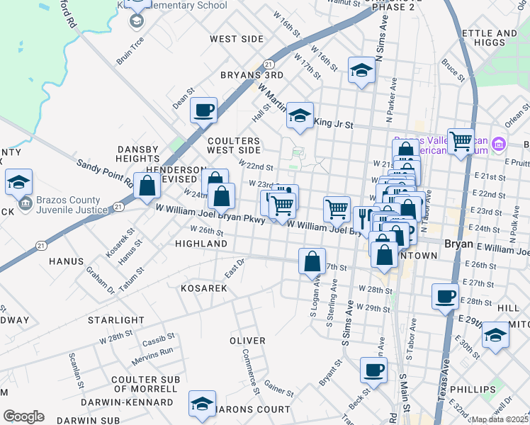 map of restaurants, bars, coffee shops, grocery stores, and more near 808 West 24th Street in Bryan