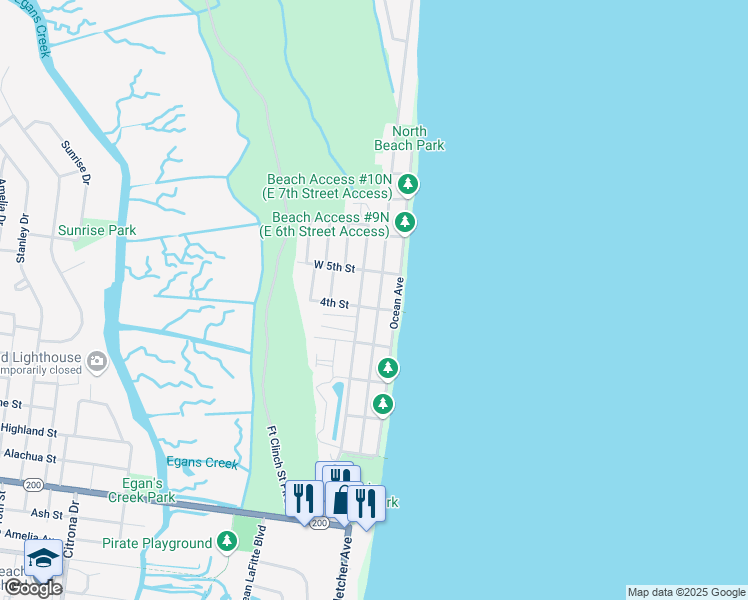map of restaurants, bars, coffee shops, grocery stores, and more near 731 North Fletcher Avenue in Fernandina Beach