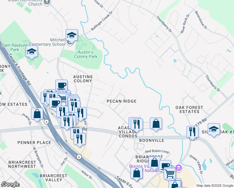 map of restaurants, bars, coffee shops, grocery stores, and more near 3704 Elliott Street in Bryan